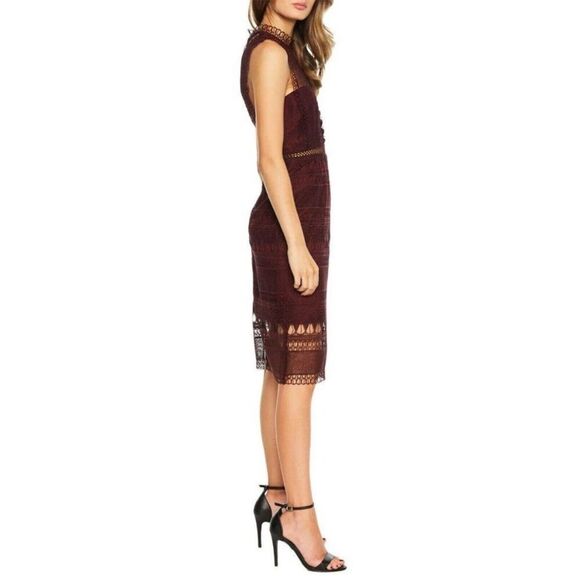 Bardot Mariana Dress in Burgundy Lace Overlay Crochet Cut Out High Neck 4 - Picture 3 of 13